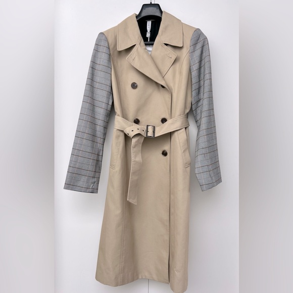 MURAL | NWT Nordstrom Double-Breasted Tan and Gray Plaid Belted Trench Coat - Picture 6 of 14